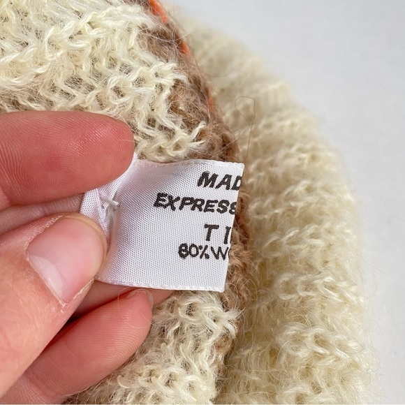 Vintage 60s Hat & Scarf Set Italian Knit Wool Mohair Winter Cream Orange Brown - Picture 7 of 14